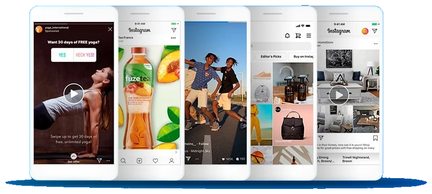 Simulação de anúncios no Instagram em múltiplos formatos